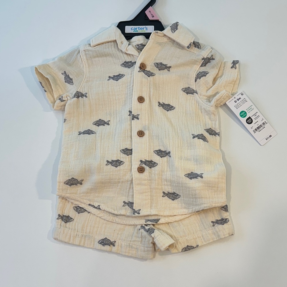 NEW Carter's Cream Fish-Print Short Sleeve Cotton Shirt & Shorts Set